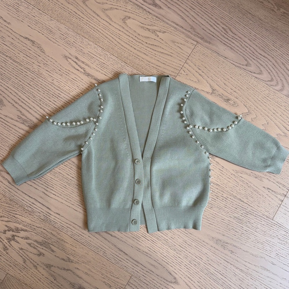 Mint green cardigan, Vita Grace, pearls, half-sleeve, cropped, button-up, US S